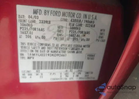 2003 Ford Escape Xlt z USA, uszkodzony, nr VIN 1FMYU03193KD92461